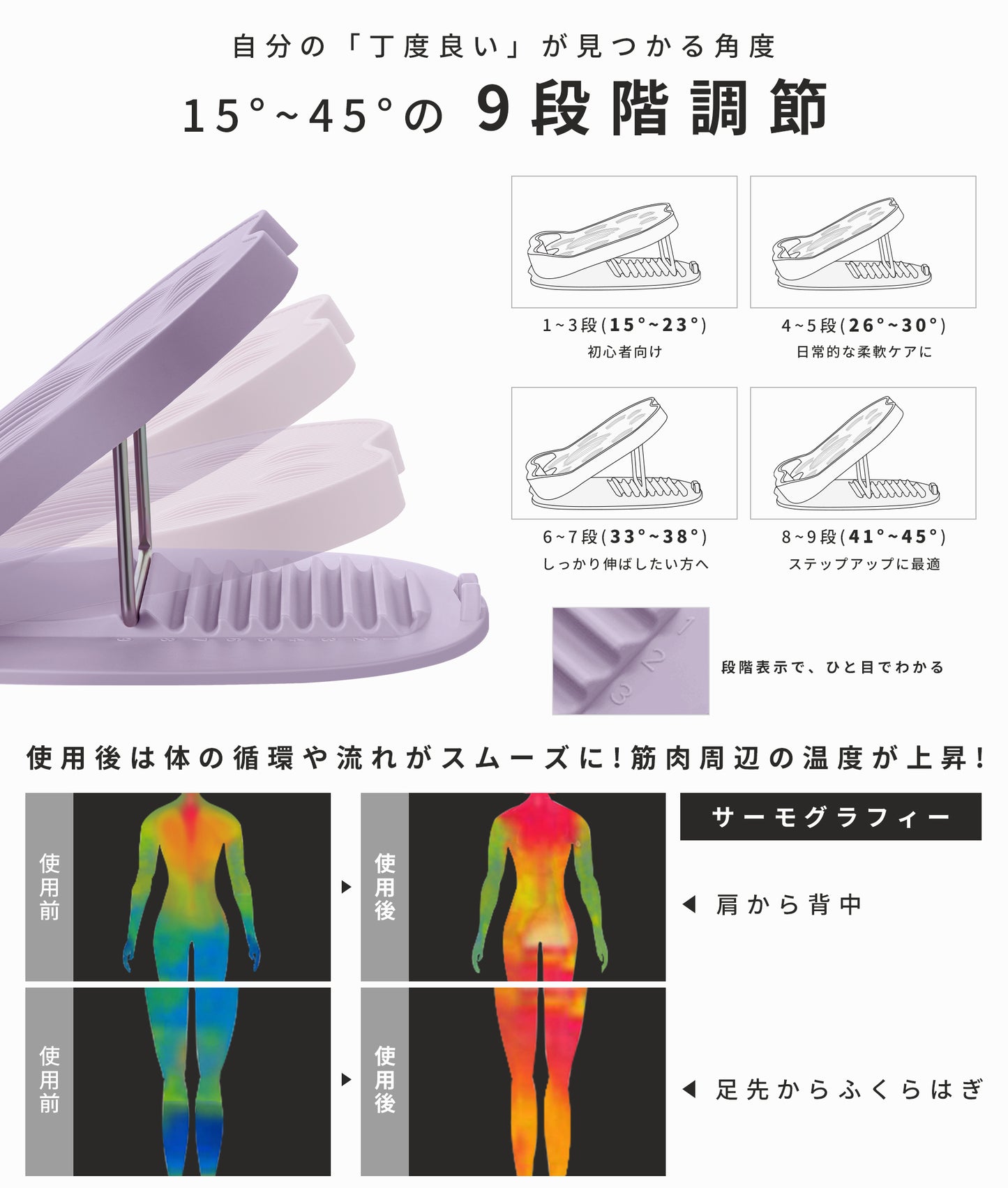 ストレッチボード 9段階角度調整 アキレス腱伸ばし器具 ふくらはぎ 足首ケア 耐荷重150kg