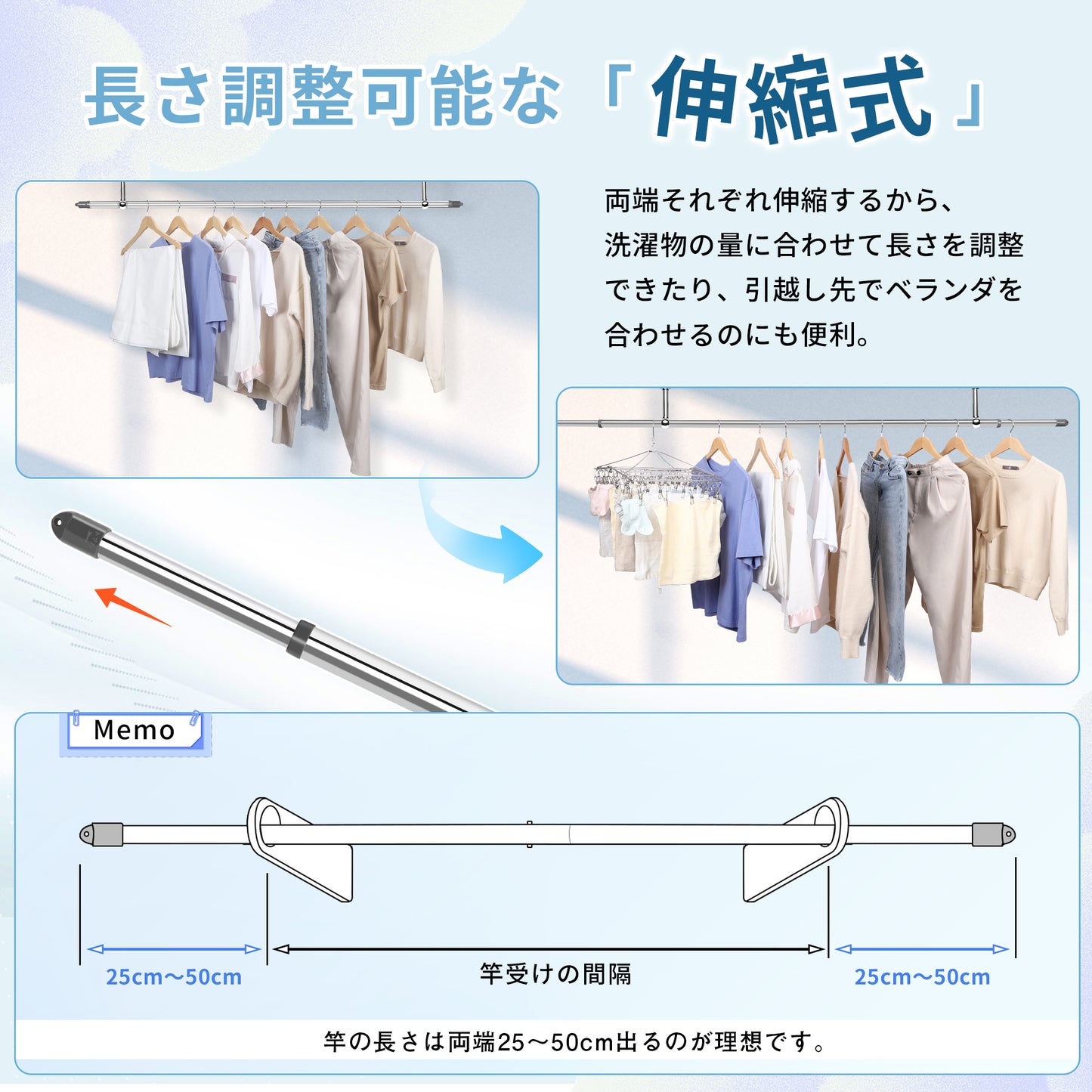 TITIROBA 物干し竿 サビに強い304ステンレス パイプ太さ29.4mm 耐荷重50kg 屋内・屋外使用可 洗濯竿 洗濯棒 ストレート竿