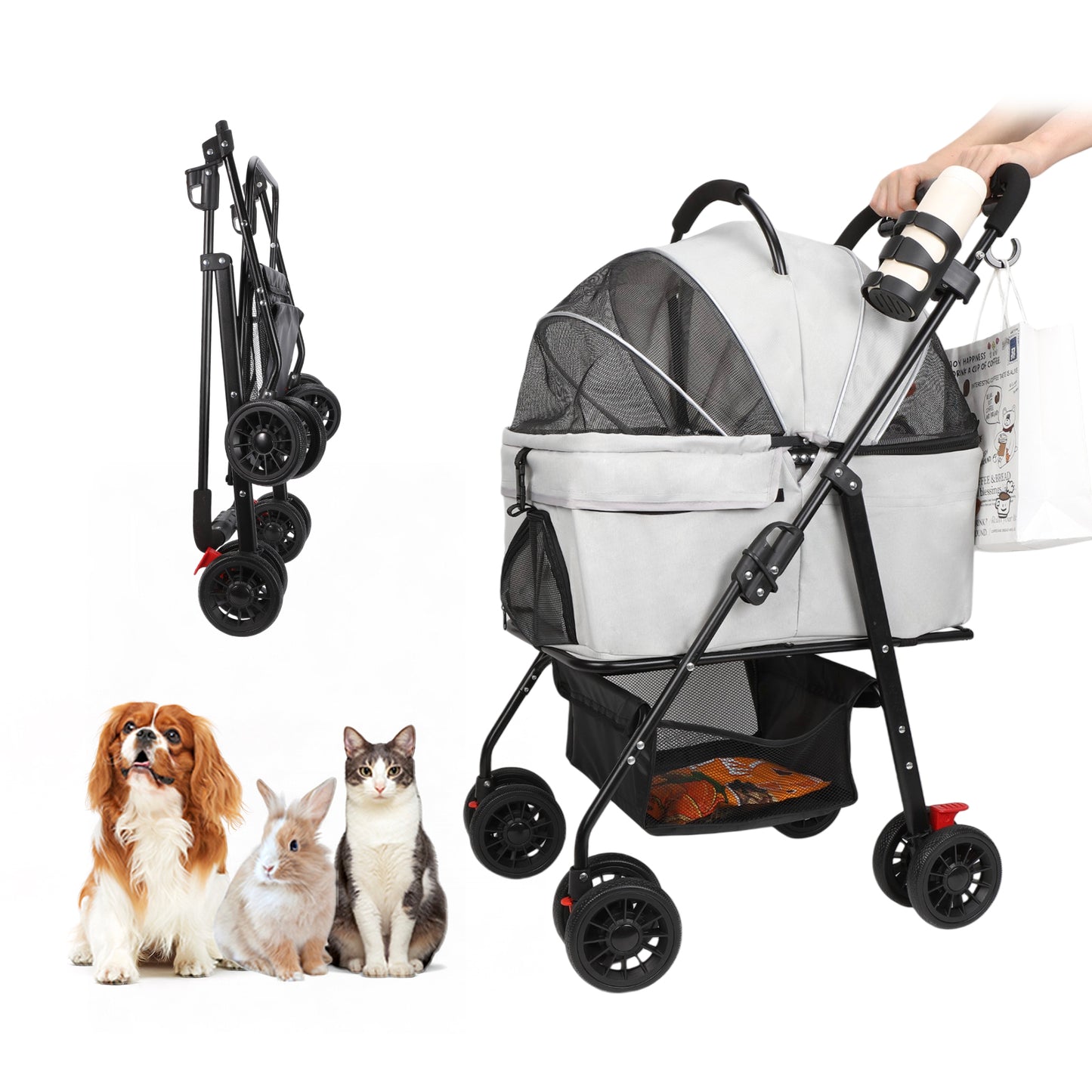 ペットカート チチロバ(Titiroba) 分離式 犬 カート 3WAY 犬用 ベビーカー ペットバギー ワンタッチ折り畳み 対面式 フルオープン 前輪360°回転 後輪ブレーキ付 耐荷重20kg 多頭の小型犬&猫 中型犬一匹用 お出かけ 散歩 キャンプ カップホルダー、フック付き