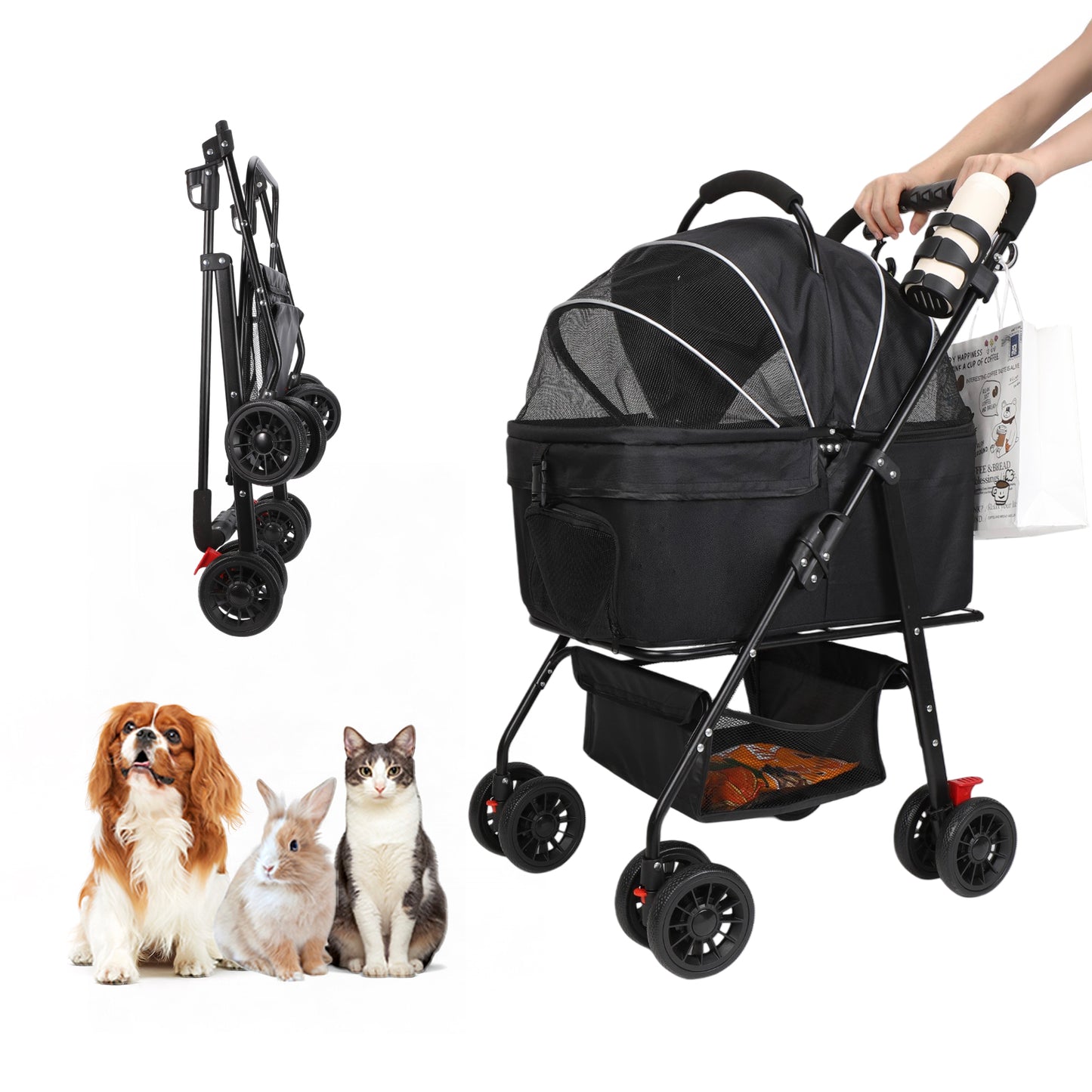 ペットカート チチロバ(Titiroba) 分離式 犬 カート 3WAY 犬用 ベビーカー ペットバギー ワンタッチ折り畳み 対面式 フルオープン 前輪360°回転 後輪ブレーキ付 耐荷重20kg 多頭の小型犬&猫 中型犬一匹用 お出かけ 散歩 キャンプ カップホルダー、フック付き