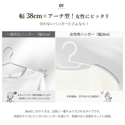 TITIROBA【年間売上500万本突破×幅38で女性にピッタリ】ハンガー 20本組 かたくずれ防止 襟が伸びない 跡がつかない 女性 レディース 軽量