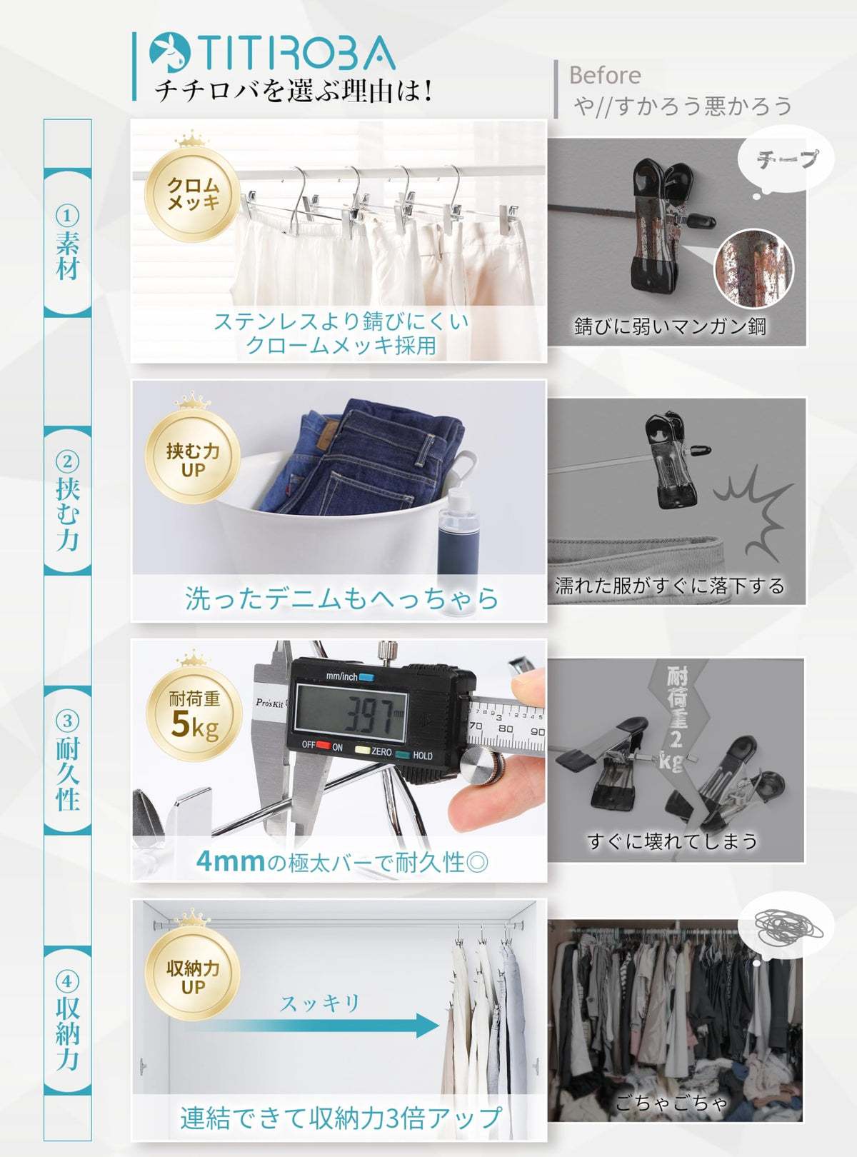TITIROBA クリップハンガーの素材・挟む力・耐久性・収納力の比較