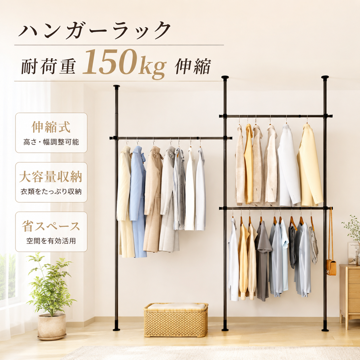 チチロバ(TITIROBA) 突っ張り ハンガーラック 伸縮 全体耐荷100kg 縦110-310cm 横150-240 部屋干し ホワイト トリプル | 収納 ポールハンガー ツッパリハンガーラック 服 ハンガー ラック 服掛け clothes rack 洋服ラック 組立かんたん おしゃれ 工具不要 大容量 ラックマット